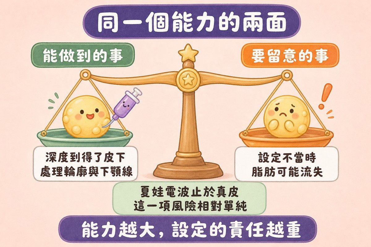 天秤兩端的對照：左端是能做到的事，深度到得了皮下、可處理輪廓與下顎線；右端是要留意的事，設定不當時脂肪可能流失。下方註明夏娃電波止於真皮，這一項風險相對單純