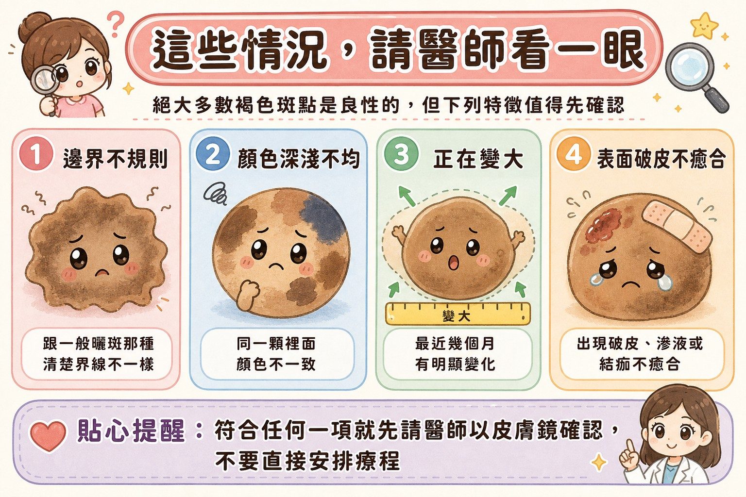 需要請醫師檢查的斑點警訊:邊界不規則、顏色不均、正在變大、表面破皮不癒合