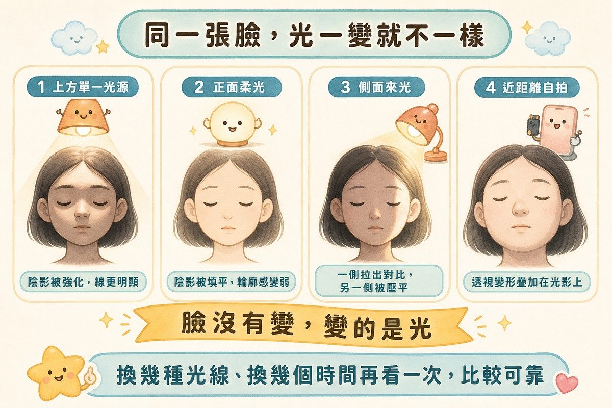 同一張臉在四種光線條件下輪廓感的差異