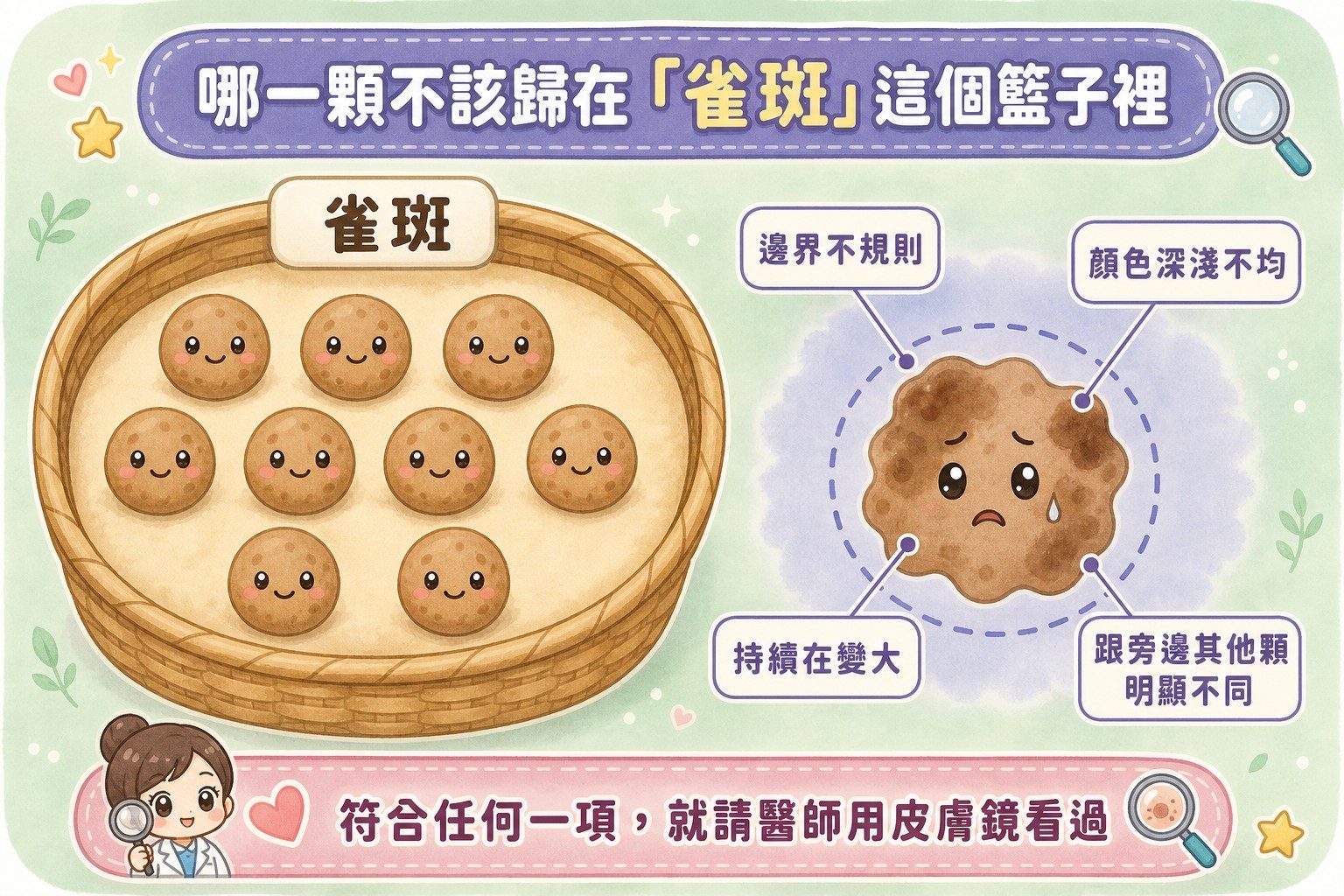 辨識不屬於雀斑的斑點:邊界不規則、顏色不均、持續變大