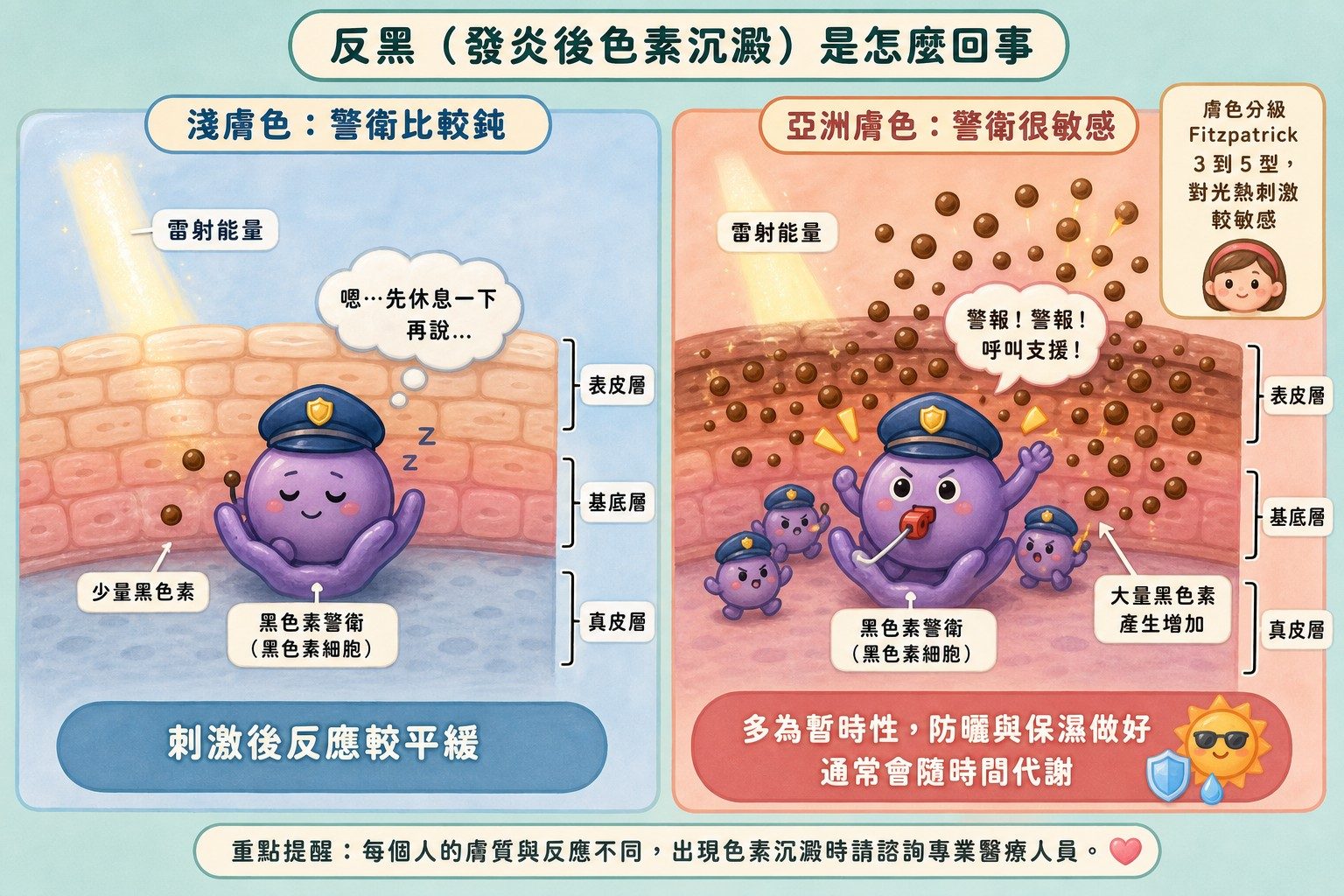 雷射後反黑機轉對照圖:亞洲膚色黑色素細胞對光熱刺激較敏感
