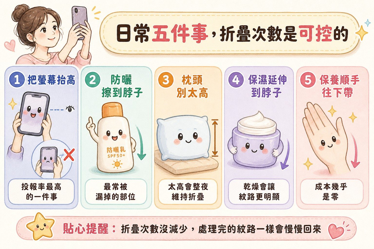 預防頸紋的日常五件事:抬高螢幕、防曬到脖子、枕頭高度、保濕、保養往下帶