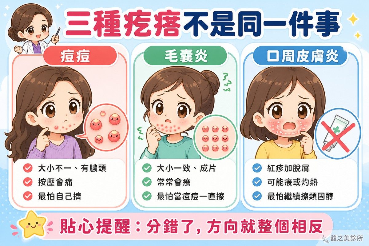 痘痘大小不一按壓會痛、毛囊炎大小一致成片會癢、口周皮膚炎紅疹加脫屑最怕擦類固醇