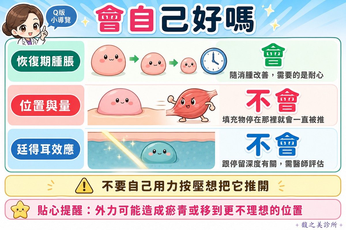 恢復期腫脹會自己好，位置與量不會，泛藍陰影也不會