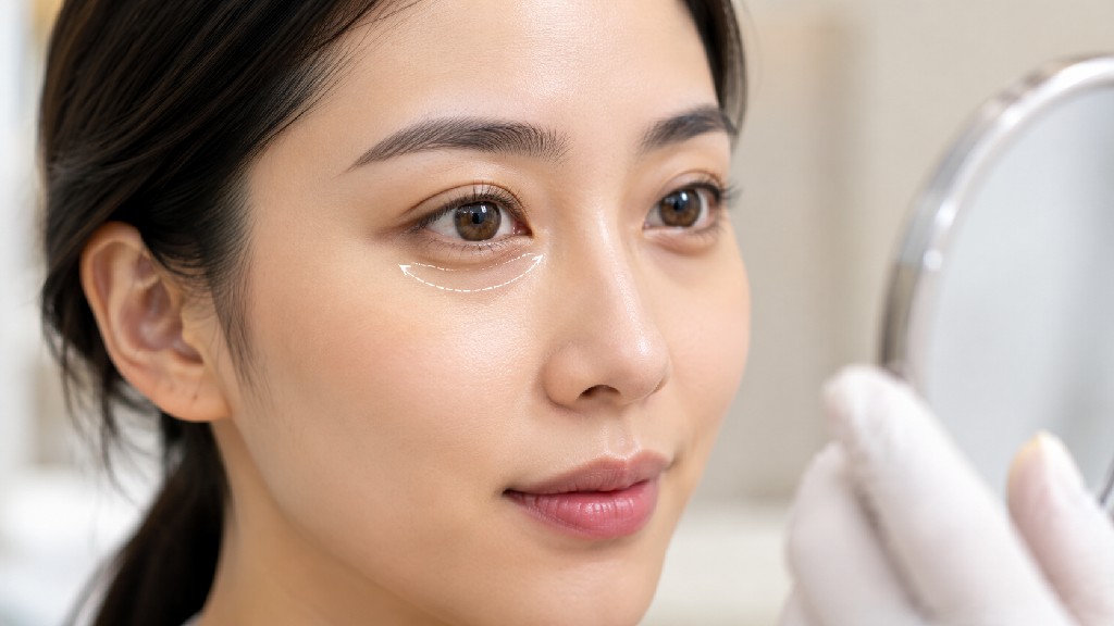女性在美容診所照鏡子檢視眼下淚溝，示意淚溝打玻尿酸後恢復期與眼下改善狀態