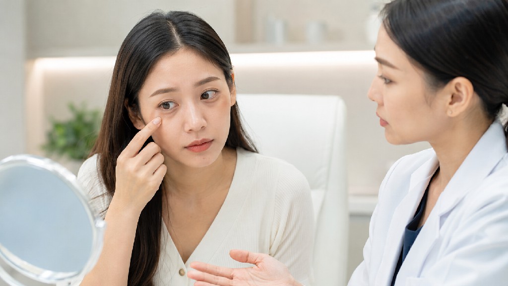 患者向醫師諮詢熊貓針失敗症狀、補救方式與回診時機的醫美照片
