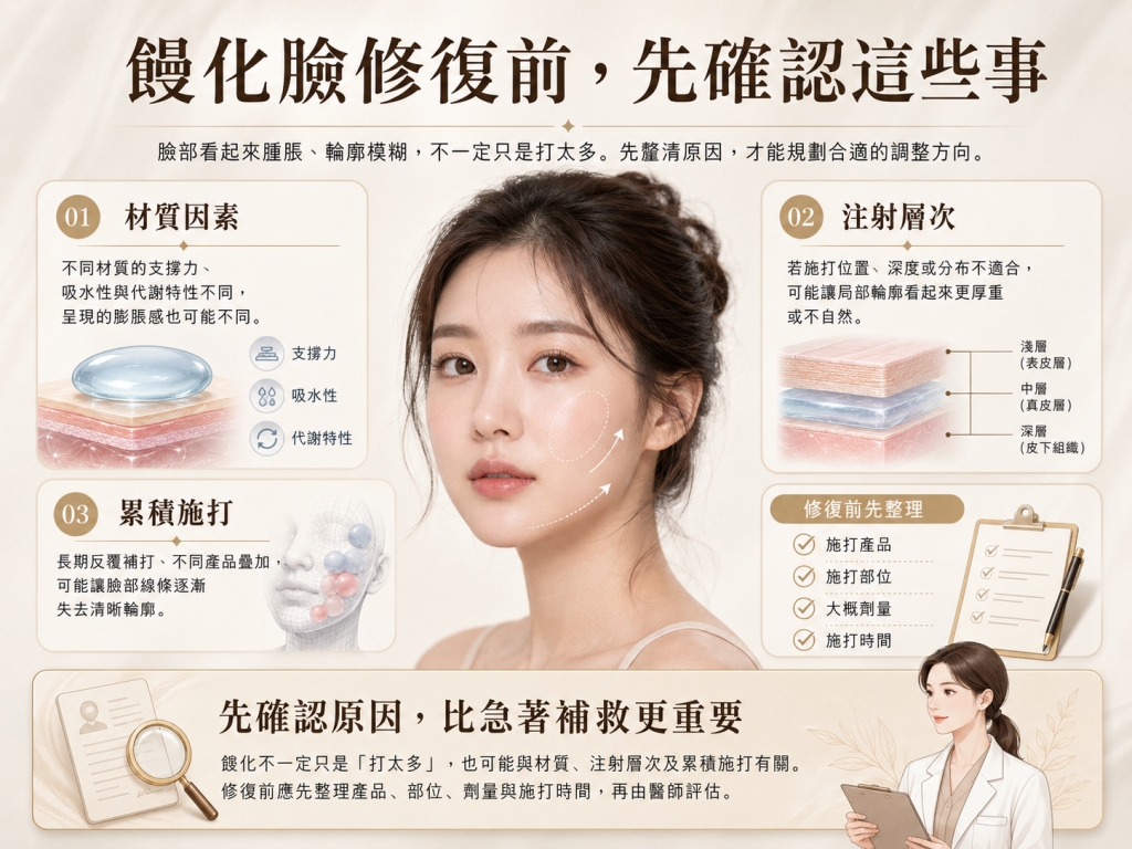 術後水腫與饅化臉的差異判斷示意圖