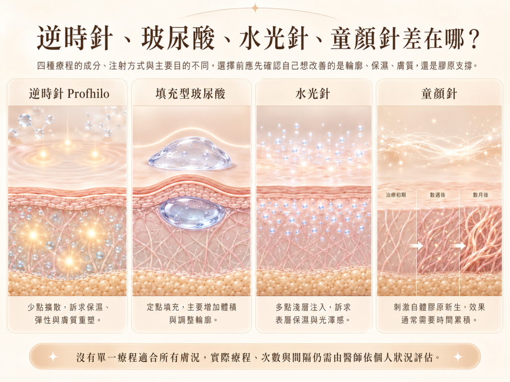 逆時針 Profhilo 與玻尿酸、水光針、童顏針的差異比較