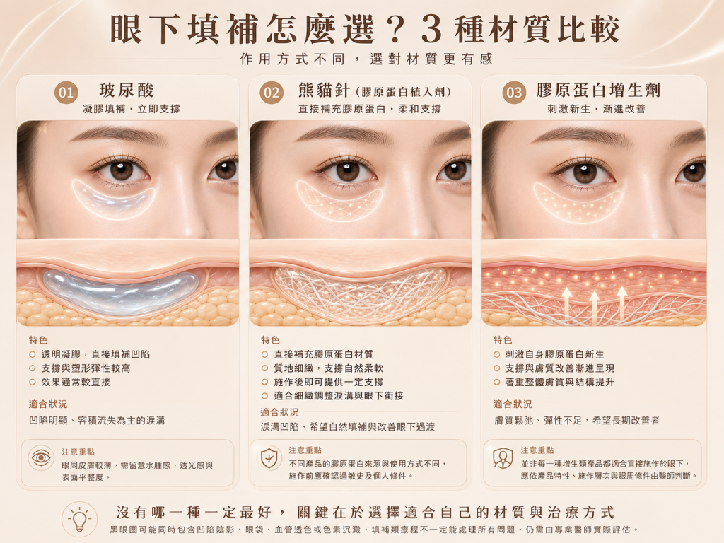 眼下填補三種材質比較示意圖:玻尿酸、熊貓針(膠原蛋白植入劑)與膠原蛋白增生劑
