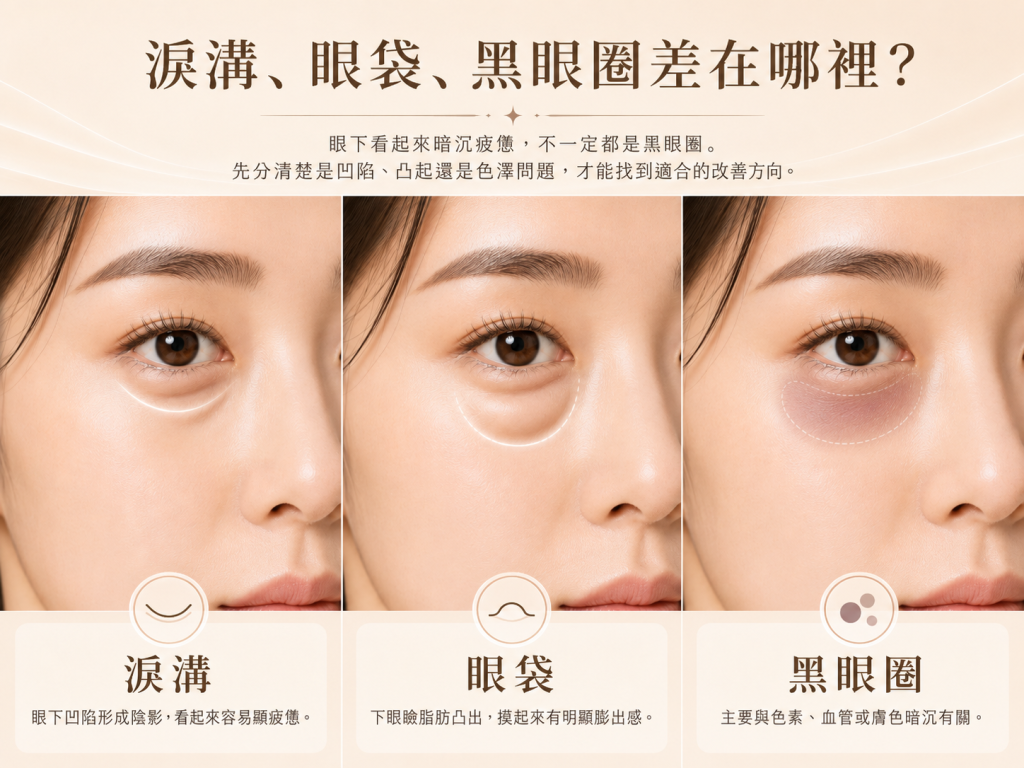 韌帶型淚溝與眼袋、黑眼圈、臥蠶的外觀差異示意圖