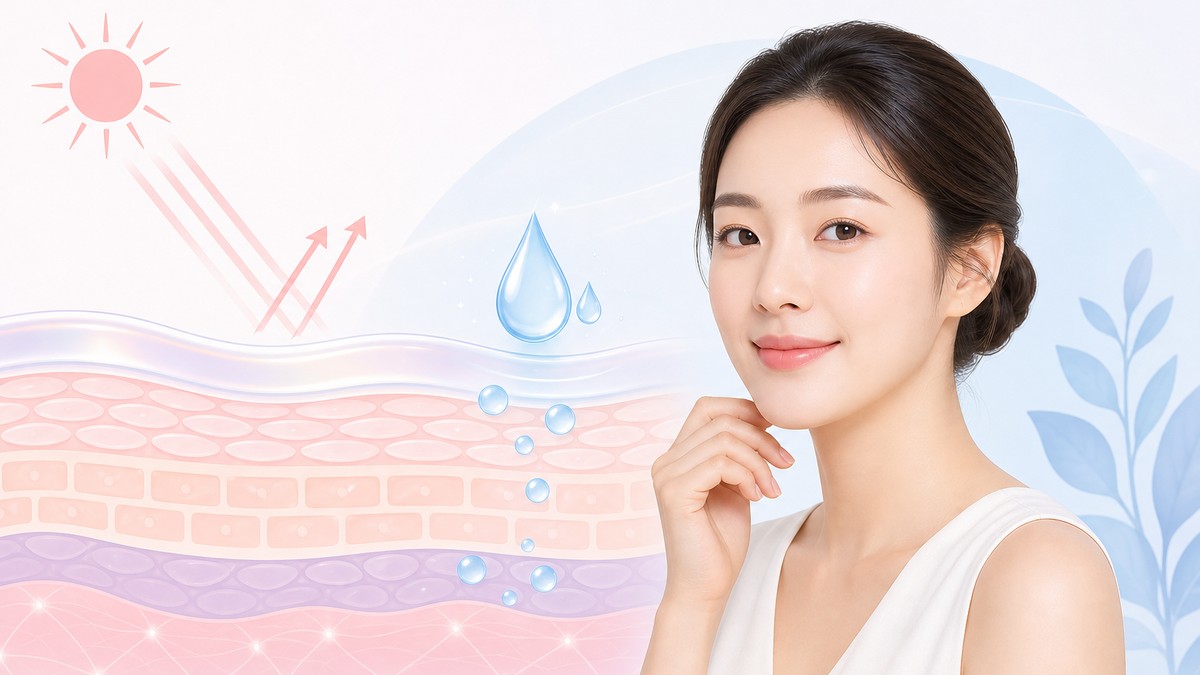 醫美知識風格插畫，東亞女性搭配皮膚結構與防曬保濕圖示，象徵魚尾紋成因與預防知識