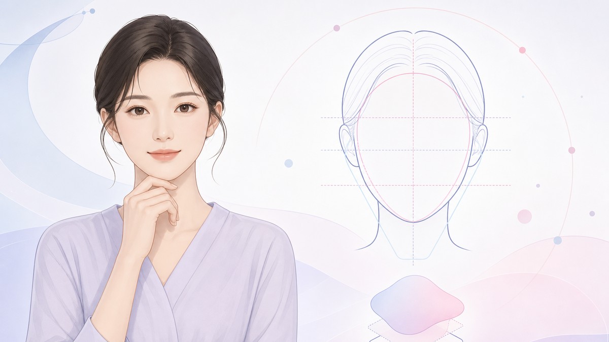 女性微笑思考、旁邊搭配臉型比例參考示意圖