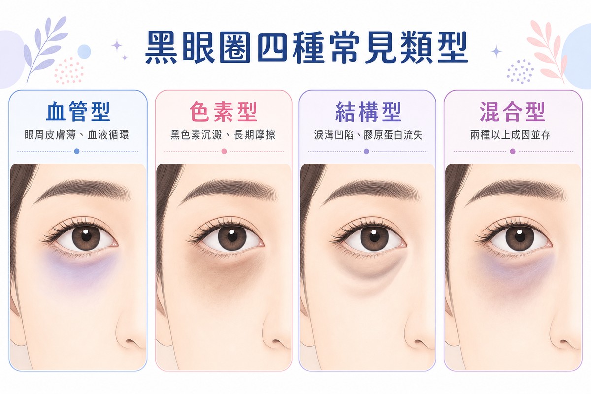 黑眼圈四種常見類型對照圖解：血管型、色素型、結構型、混合型的成因差異，教育性資訊圖表