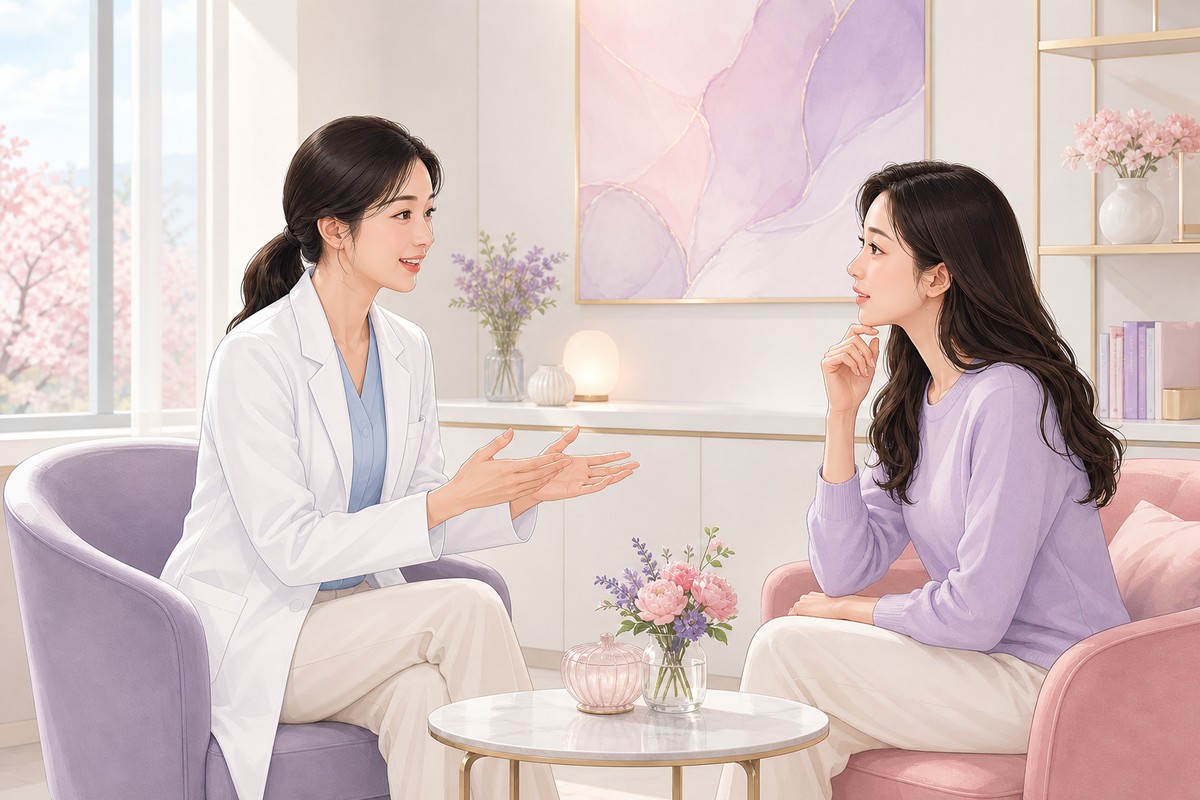 醫師與患者進行諮詢對話的插畫情境