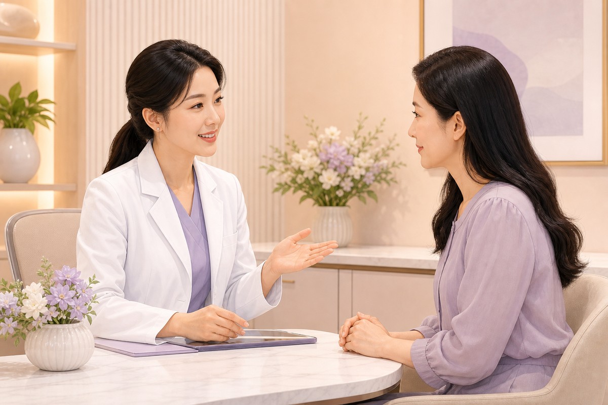 醫師與患者在診間內進行木偶紋衛教諮詢對話的插畫