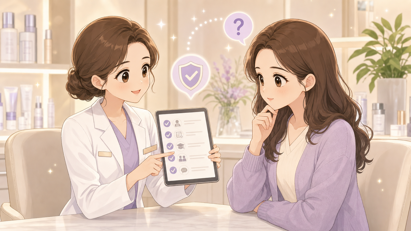醫美醫師與民眾在診所諮詢時核對資格與療程問題的可愛插畫