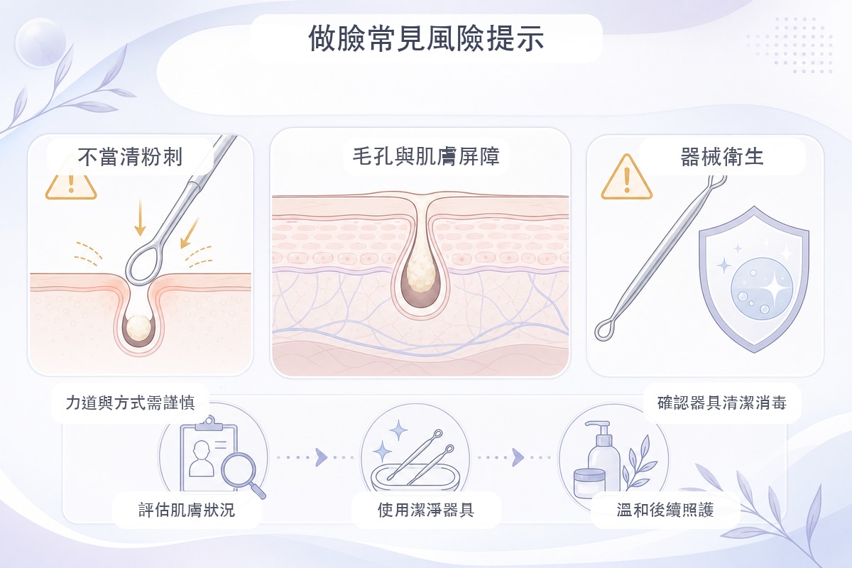 做臉風險提示示意圖，標示粉刺處理不當、器械衛生與皮膚敏感反應等注意重點