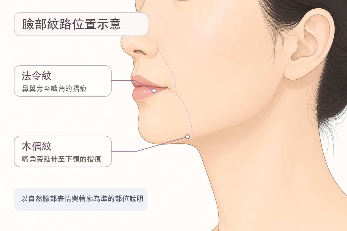 臉部法令紋與木偶紋位置示意圖解，標示鼻翼到嘴角與嘴角到下顎兩種皺紋走向