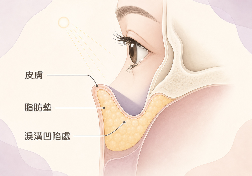眼周結構與淚溝形成示意圖：皮膚、脂肪墊、淚溝凹陷處