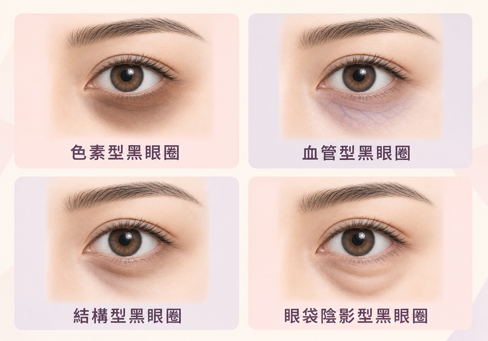 黑眼圈四種類型示意圖：色素型、血管型、結構型、眼袋陰影型