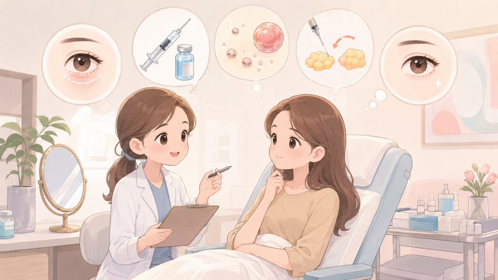醫師向患者說明打淚溝療程、淚溝填補方式、價格與風險的醫美諮詢插畫