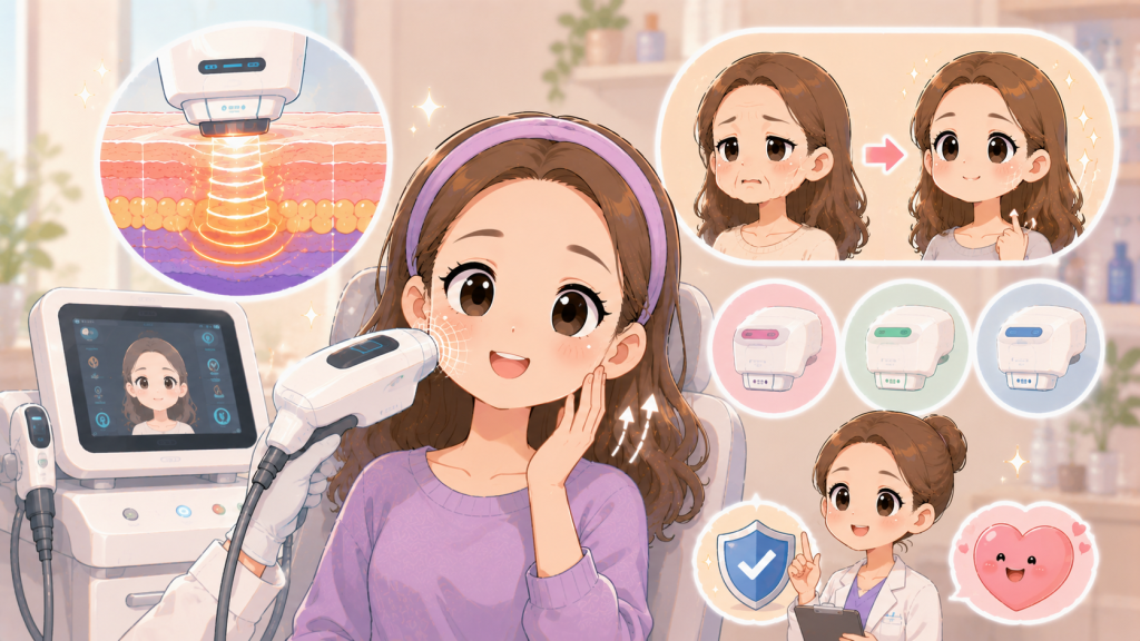 Q版卡通插畫呈現女性接受海芙音波療程，畫面包含音波能量作用於肌膚深層、臉部緊緻拉提、效果變化、探頭選擇與安全評估概念，適合用於海芙音波效果、費用與適合對象文章封面。