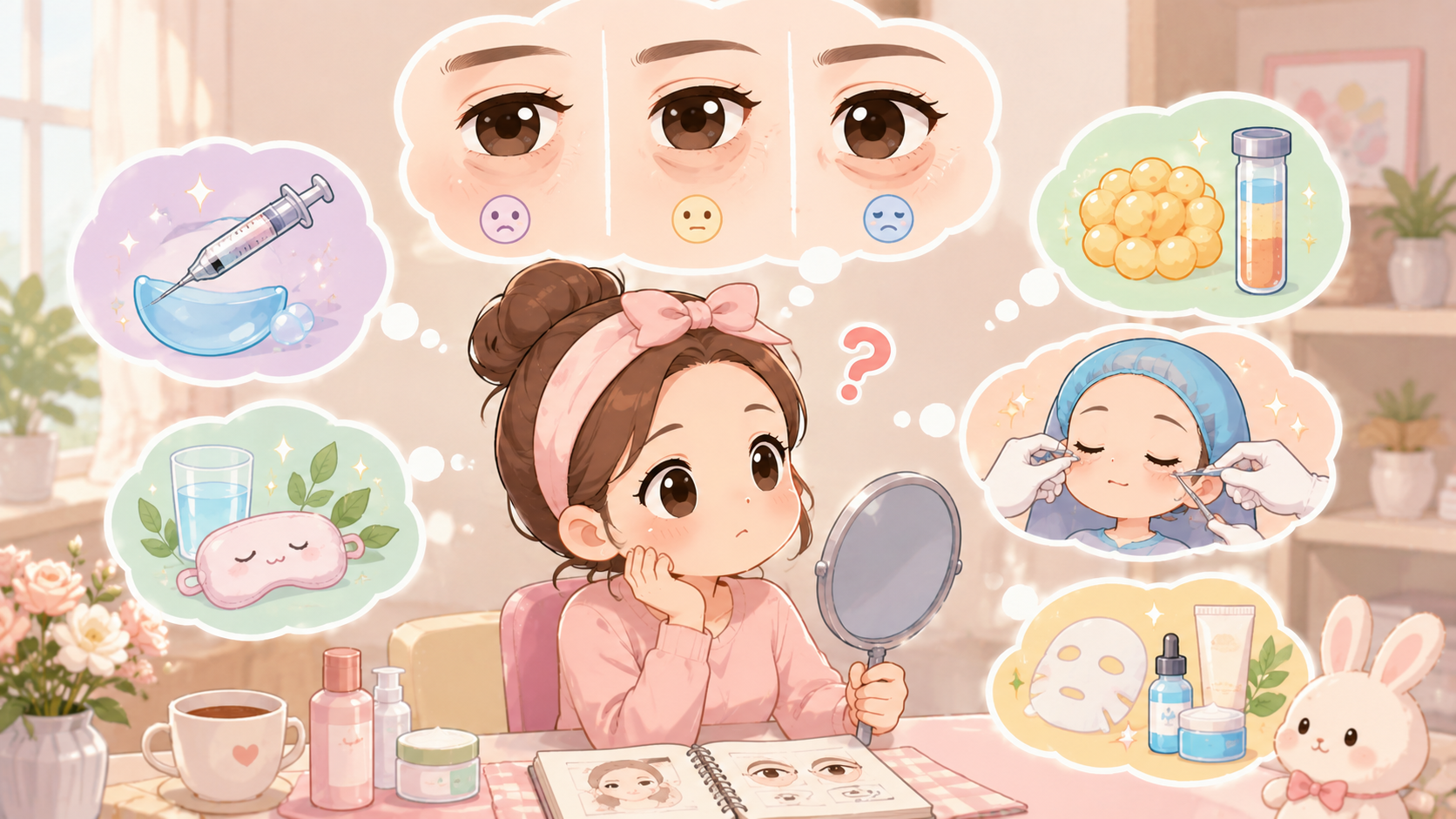 Q版卡通插畫呈現女性在居家情境中思考淚溝改善方式，畫面包含淚溝類型判斷、玻尿酸、自體脂肪、眼袋手術與日常保養等選項，適合用於淚溝改善方法比較文章封面。