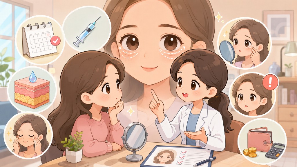 卡通情境插畫呈現醫師為患者諮詢淚溝玻尿酸療程，包含維持時間、補打評估、風險、費用與淚溝改善等主題，適合作為淚溝玻尿酸維持多久的 SEO 文章封面圖。