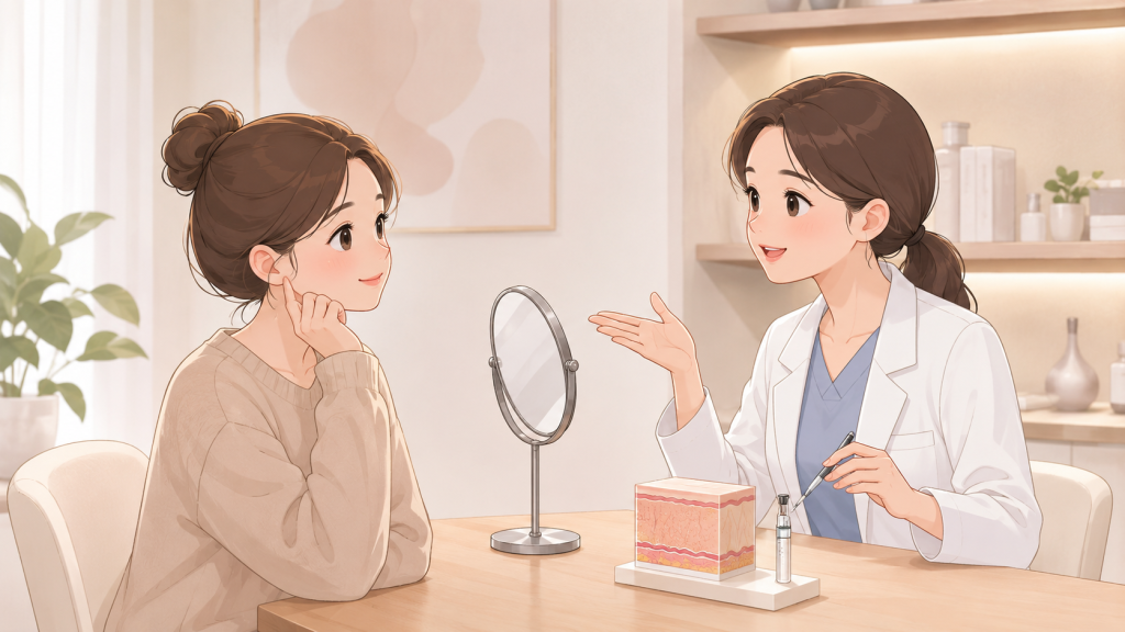 醫師向患者說明熊貓針效果、維持時間、價格與適合對象的醫美諮詢插畫