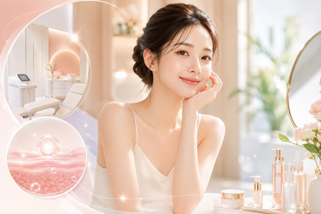 明亮醫美空間中的女性自然微笑，象徵熊貓針眼周療程前的安心諮詢與舒適保養感