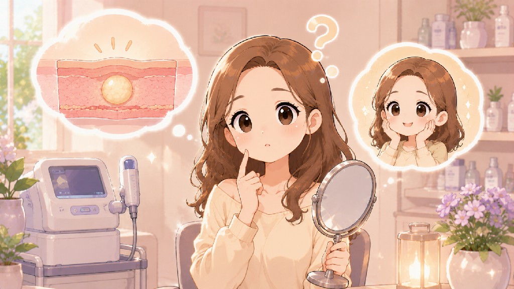 女生照鏡子思考熊貓針術後硬塊疑問，搭配肌膚示意與醫美安心評估情境