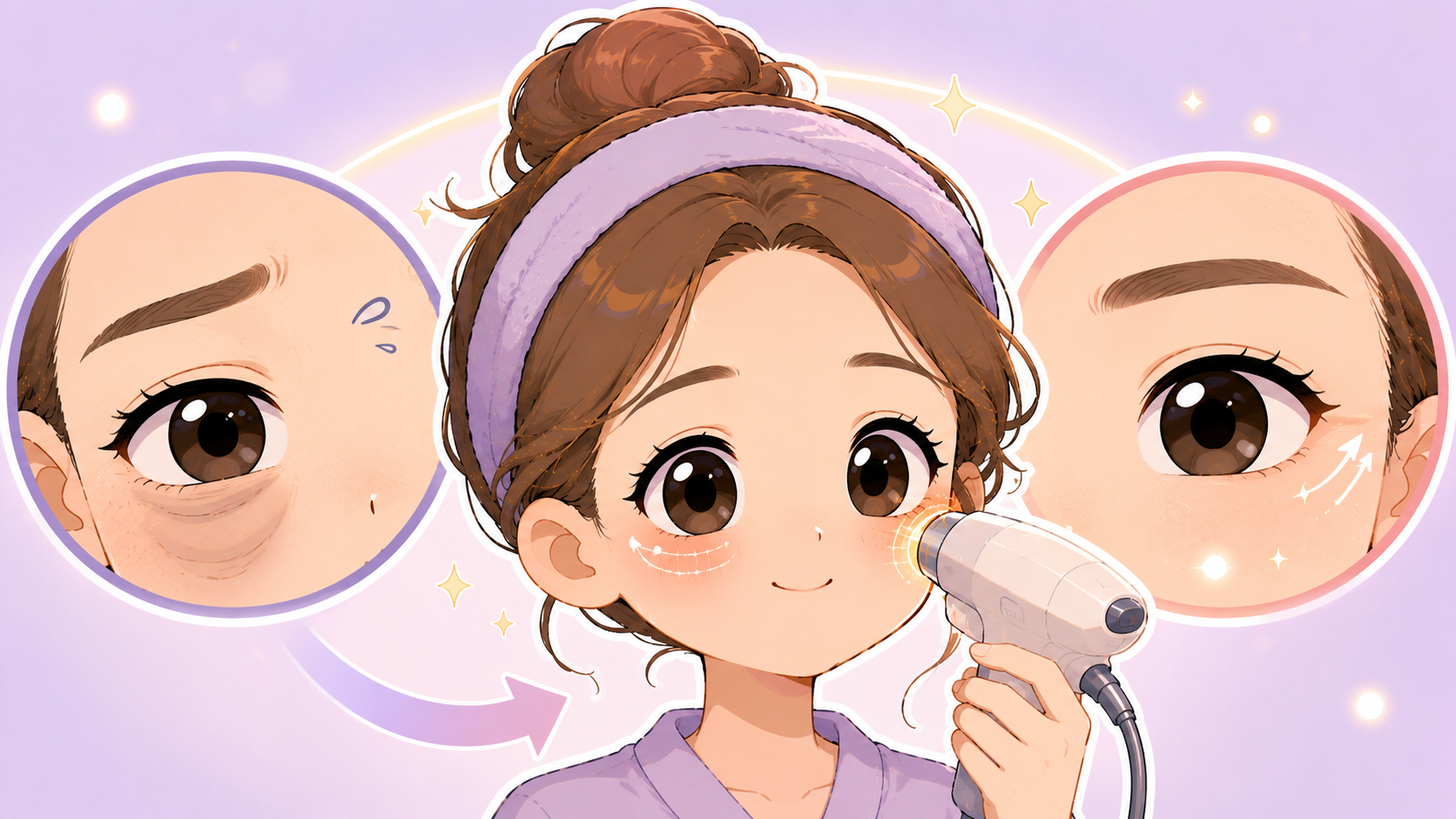 Q版卡通插畫呈現女性使用眼周電波療程改善眼周狀態，畫面聚焦眼下細紋、鬆弛與眼周緊緻變化，適合用於眼周電波效果、費用、恢復期與適合對象文章封面。