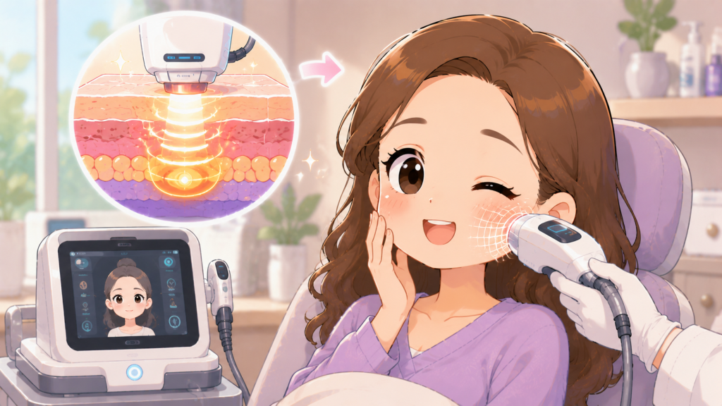 Q版卡通插畫呈現女性接受美國音波療程，畫面以音波能量作用於肌膚深層與臉部緊緻拉提為重點，適合用於美國音波原理、效果、價格與適合對象文章封面。