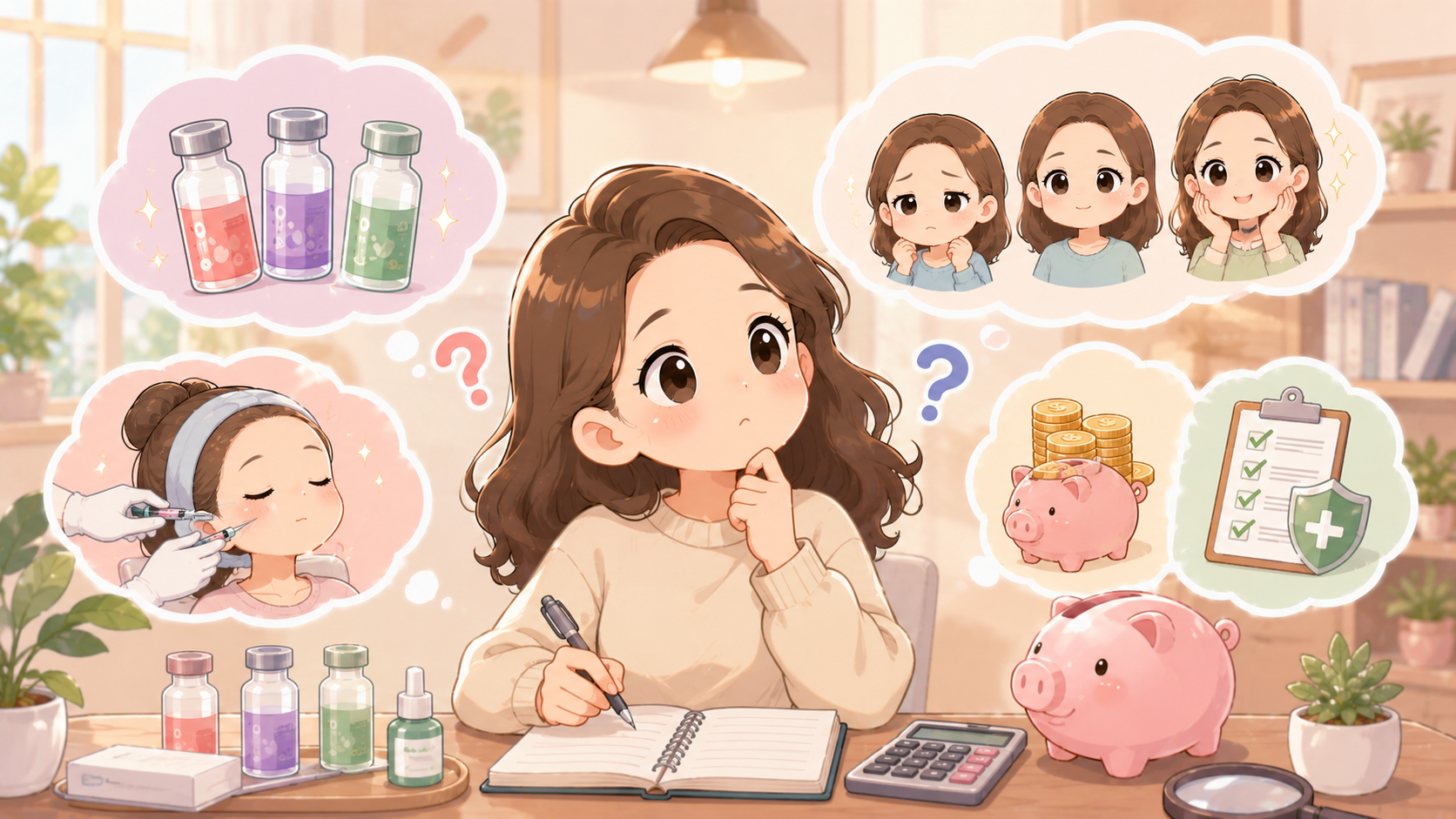 Q版卡通插畫呈現女性整理膠原蛋白針療程預算與品牌選擇，畫面包含針劑瓶、計算機、存錢筒、費用清單與療程效果評估，適合用於膠原蛋白針費用、品牌比較與報價判斷文章封面。