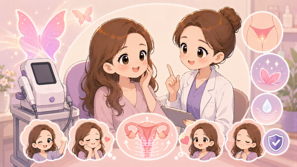 Q版卡通插畫呈現女性諮詢蝴蝶電波私密保養療程，畫面包含私密處 RF 電波、女性健康、保養需求、安全評估與療後照護概念，適合用於蝴蝶電波效果、費用、恢復期與適合對象文章封面。