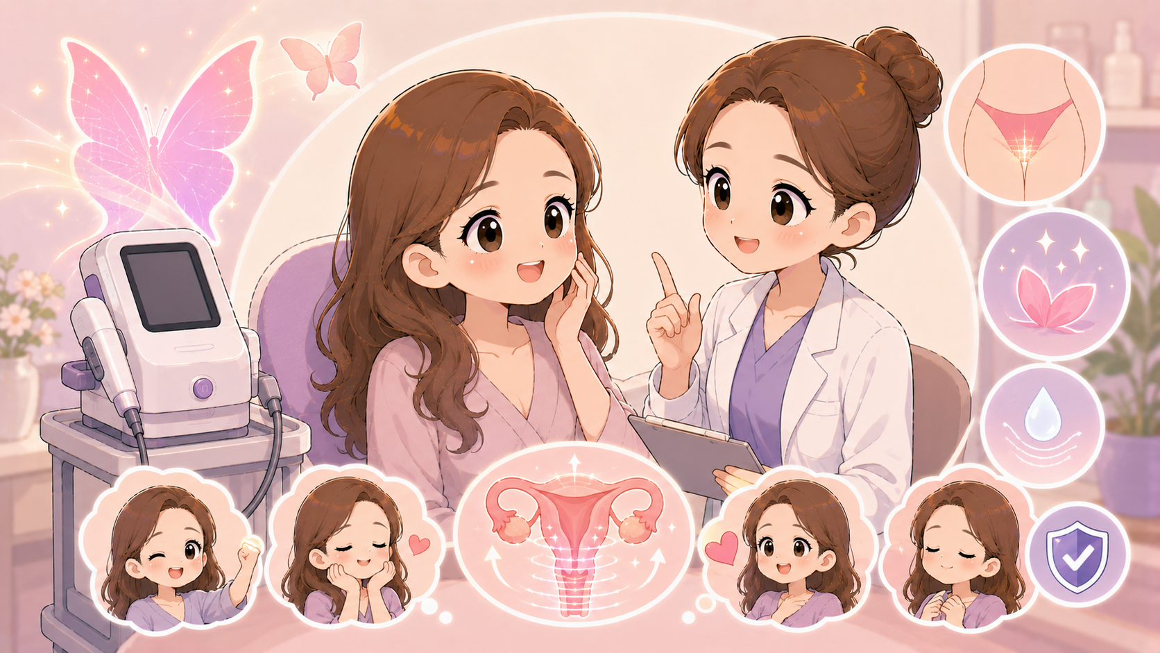 Q版卡通插畫呈現女性諮詢蝴蝶電波私密保養療程，畫面包含私密處 RF 電波、女性健康、保養需求、安全評估與療後照護概念，適合用於蝴蝶電波效果、費用、恢復期與適合對象文章封面。