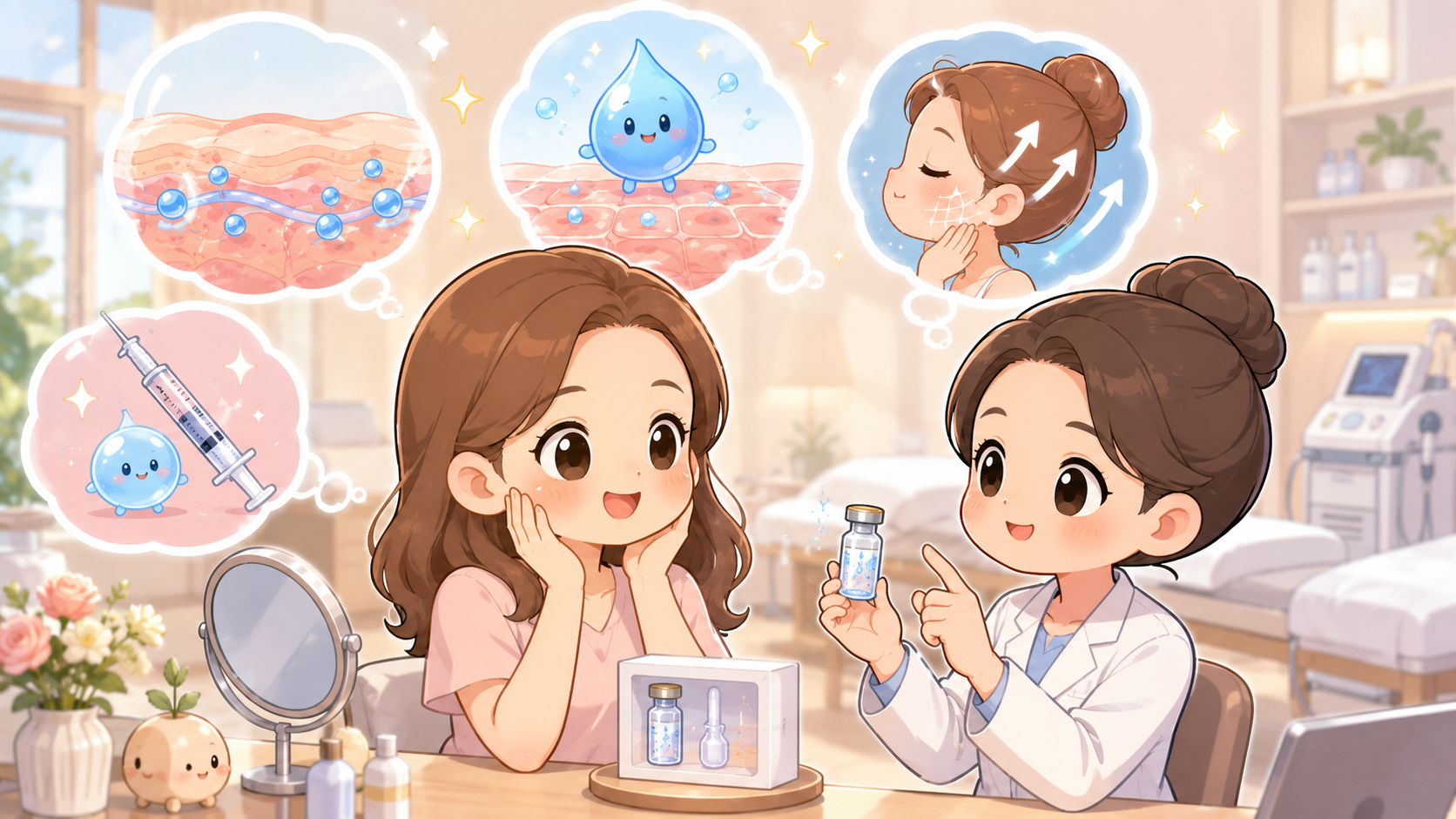 Q版卡通插畫呈現醫師向女性說明逆時針醫美療程，畫面包含保濕、膚質彈性、拉提感、施打評估與原廠瓶身概念，適合用於 Profhilo 逆時針效果、價格與適合對象文章封面。