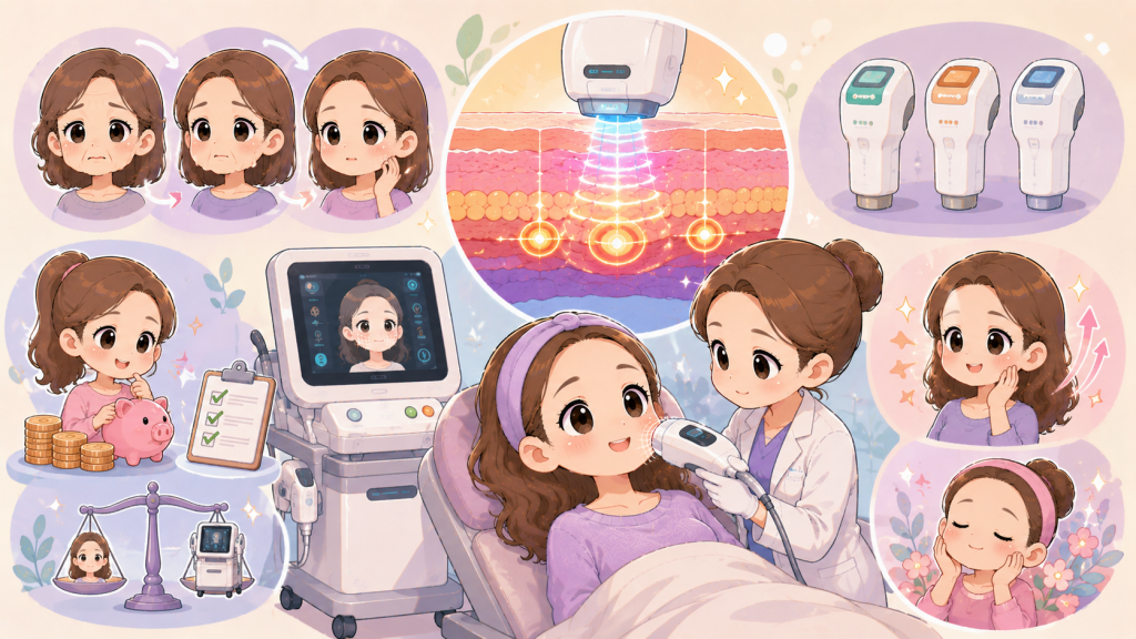 Q版卡通插畫呈現女性接受音波拉提療程，畫面包含音波能量作用於肌膚深層、不同機型探頭、條數發數、部位規劃與費用判斷概念，適合用於音波拉提費用解析文章封面。
