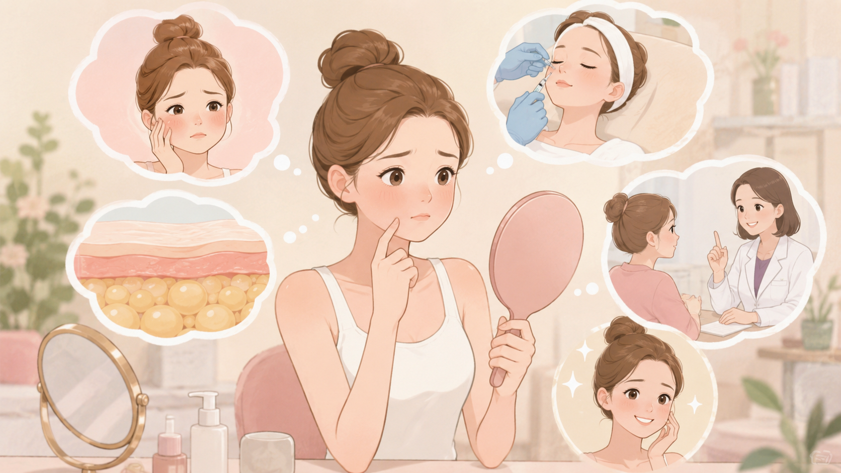 女性照鏡子觀察臉型狀態，呈現饅化原因、判斷方式與修復選擇的醫美插畫
