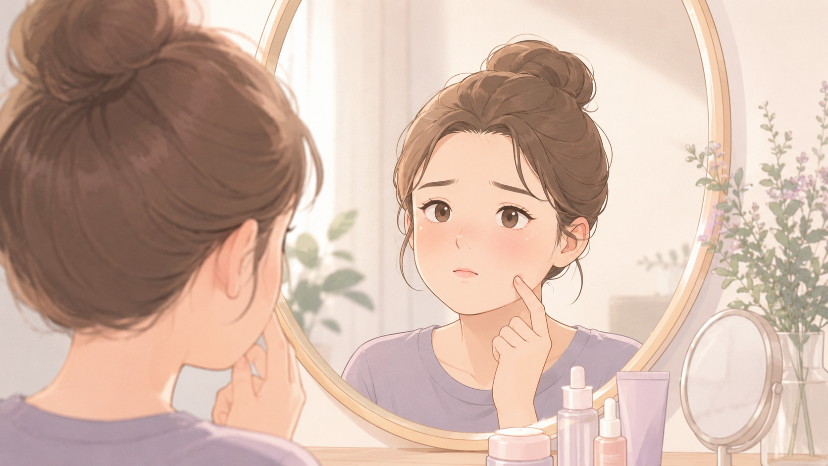 女性照鏡子觀察臉型變化，呈現饅化臉原因、判斷方式與修復重點的醫美插畫