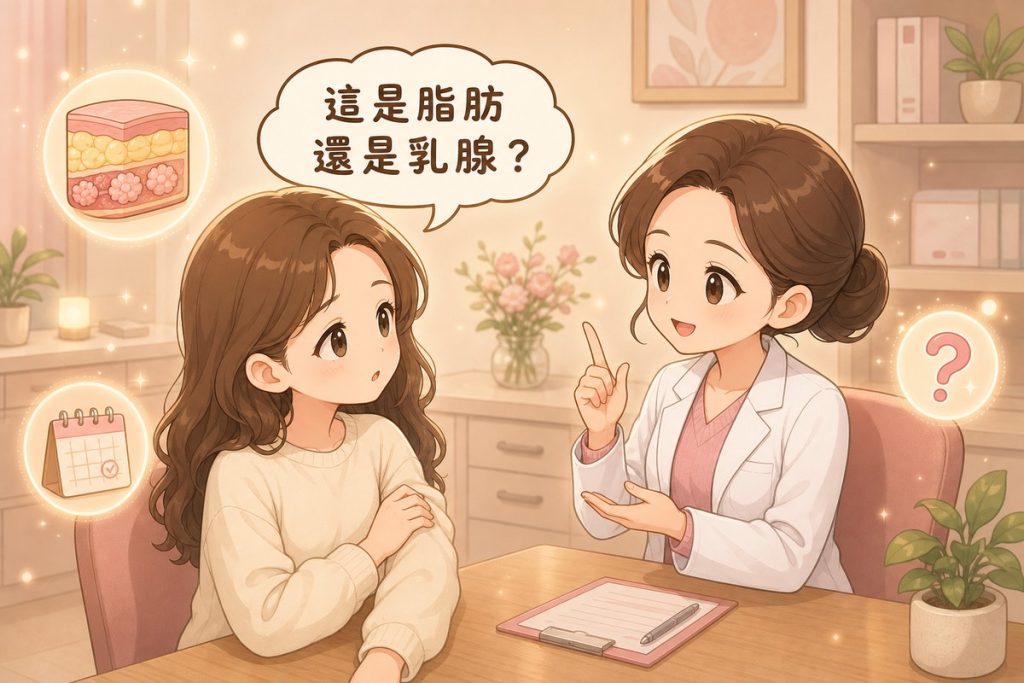 插畫風格診間場景，穿著長袖的女性詢問副乳是脂肪還是乳腺，醫師舉手說明，周圍有組織分層與月曆示意圖
