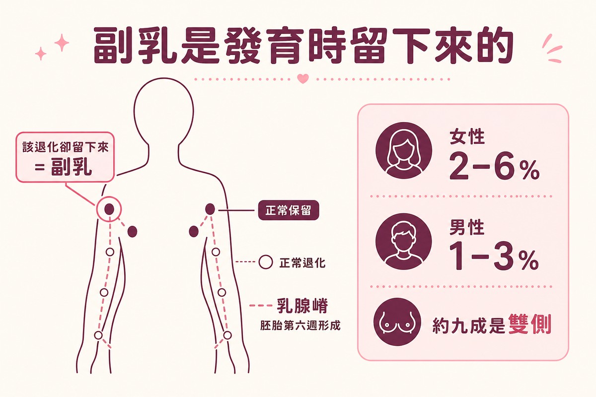 抽象人形輪廓標示胚胎第六週形成的乳腺嵴路徑，胸部位置正常保留、腋下位置未退化形成副乳