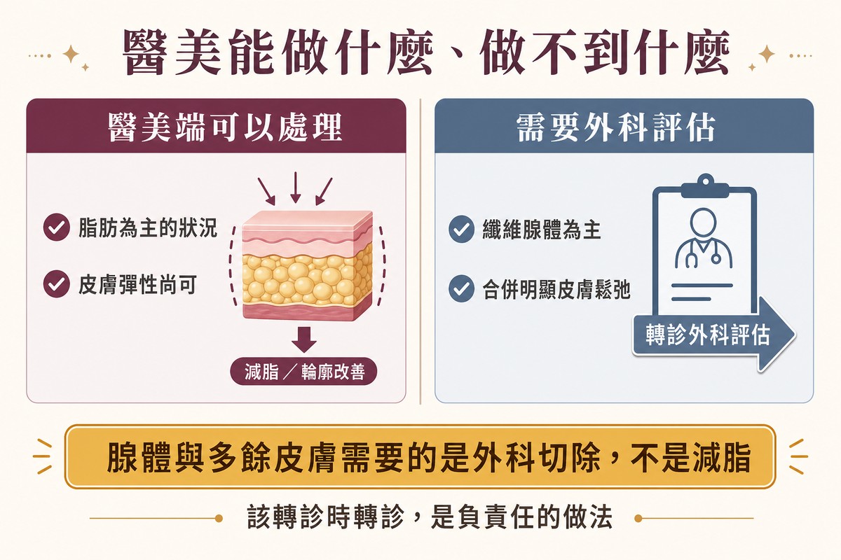 左右兩區對照，左側為醫美可處理的脂肪為主狀況，右側為需要外科評估的腺體為主與皮膚鬆弛
