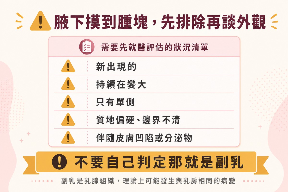 警示清單列出新出現、持續變大、單側、質地偏硬邊界不清、伴隨皮膚凹陷或分泌物五種情形