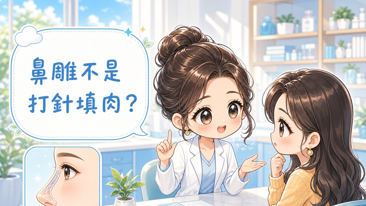 一位白袍女醫師與一位女性患者在明亮診間相對而坐對話,醫師微笑舉手說明,患者專注聆聽,左側對話氣泡寫著「鼻雕不是打針填肉?」,左下角是鼻部側面線條示意圖