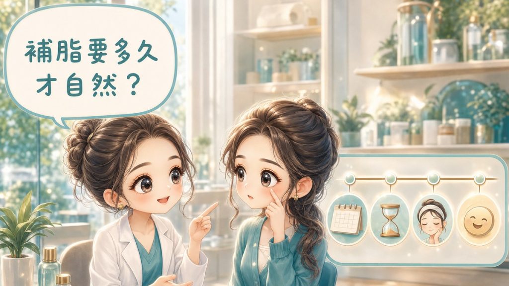 Q版可愛風格的封面插畫。畫面左上一個大對話氣泡，用圓潤手寫字體寫「補脂要多久才自然？」分兩行；左邊一位Q版白袍女醫師微笑著伸手指向右方說明，右邊一位Q版女性患者一手輕碰自己的眼下、神情帶著疑惑，兩人有明確的眼神交流；再右側是一條恢復期時間軸，四個圓形節點分別放著日曆、沙漏、閉眼休息的人與微笑臉圖示；背景為柔光診間，有層架、玻璃器皿與綠植。整體藍綠與暖白色調。