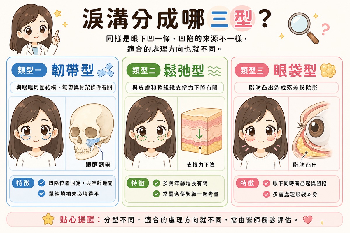 淚溝三種型態對照圖，比較韌帶型、鬆弛型、眼袋型各自的凹陷主因與處理方向差異