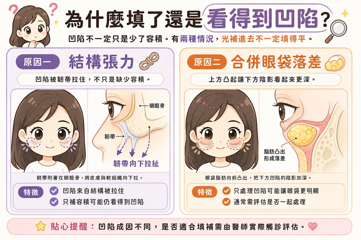 韌帶型淚溝填補效果受限的兩個原因示意圖，說明韌帶結構張力與合併眼袋落差