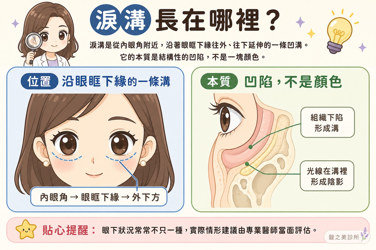 圖解淚溝從內眼角沿眼眶下緣往外下方延伸的位置,並說明它的本質是結構性凹陷而不是顏色