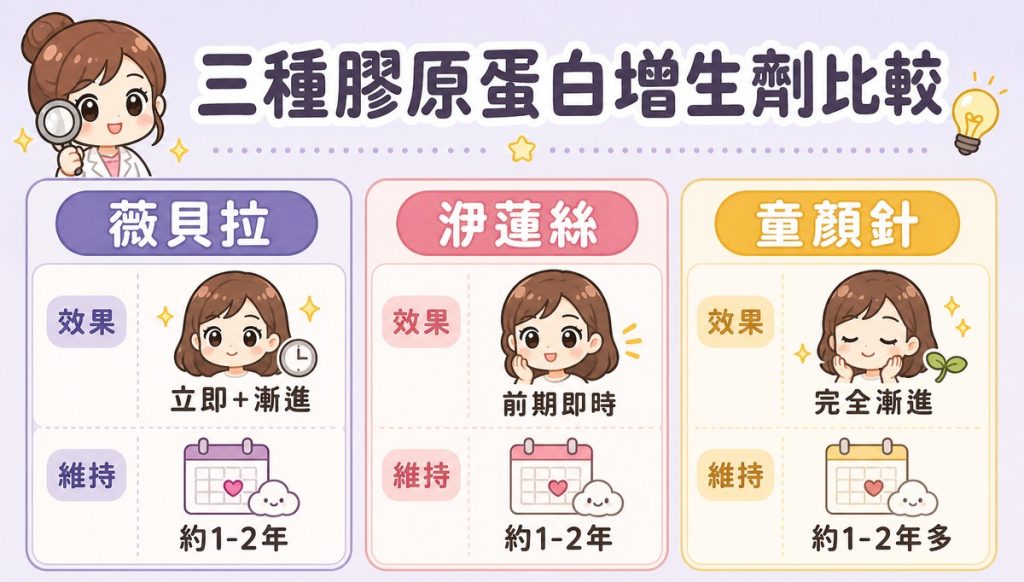 三欄比較表,分別是薇貝拉、洢蓮絲、童顏針,各列出效果呈現與維持時間兩個項目